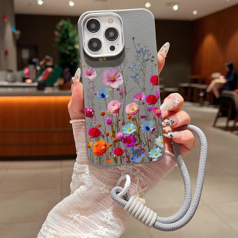 Husă mată rezistentă la șocuri, color trandafir, imprimeu floral, pentru iPhone 16 Pro Max 15 14 Pro 13 12 11, cu șnur moale, protecție pentru lentile, husă subțire din piele cu textura pentru telefon