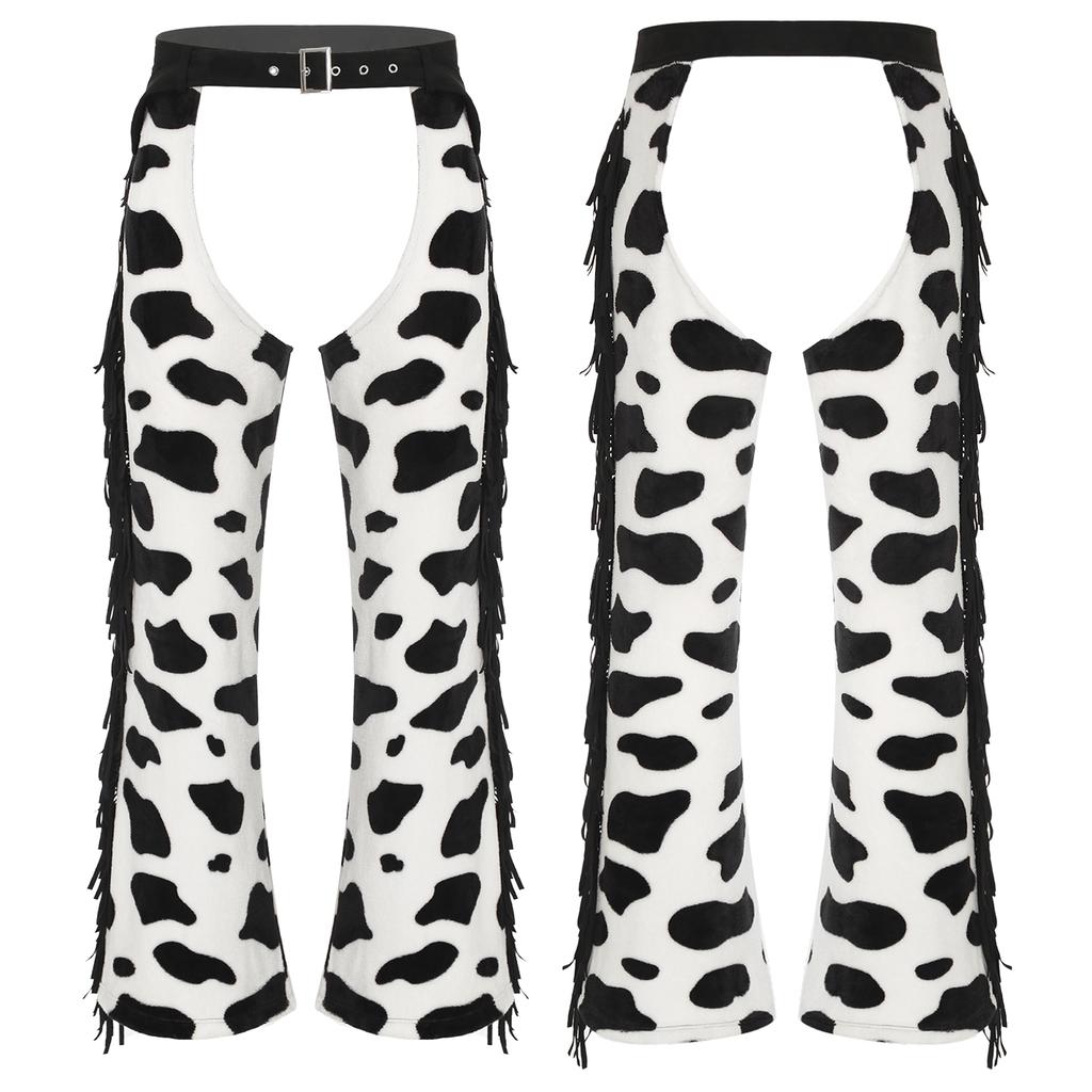 Pantaloni de flanel cu imprimeu de vacă pentru bărbați, ciucuri laterali, talie ajustabilă, design cu crac despicat, șapsuri de cowboy pentru mers cu motocicleta, costum de Halloween