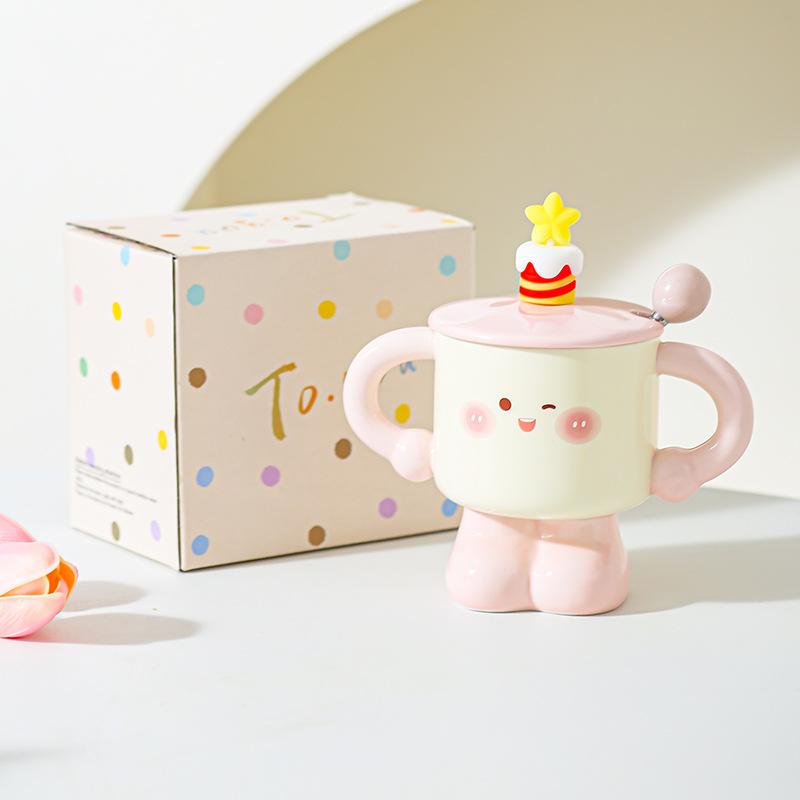 Creative Ceramic Cup with Lid Spoon Mug Small Cute Cup for Girls and Boys Gift Birthday Gift Milk Cup