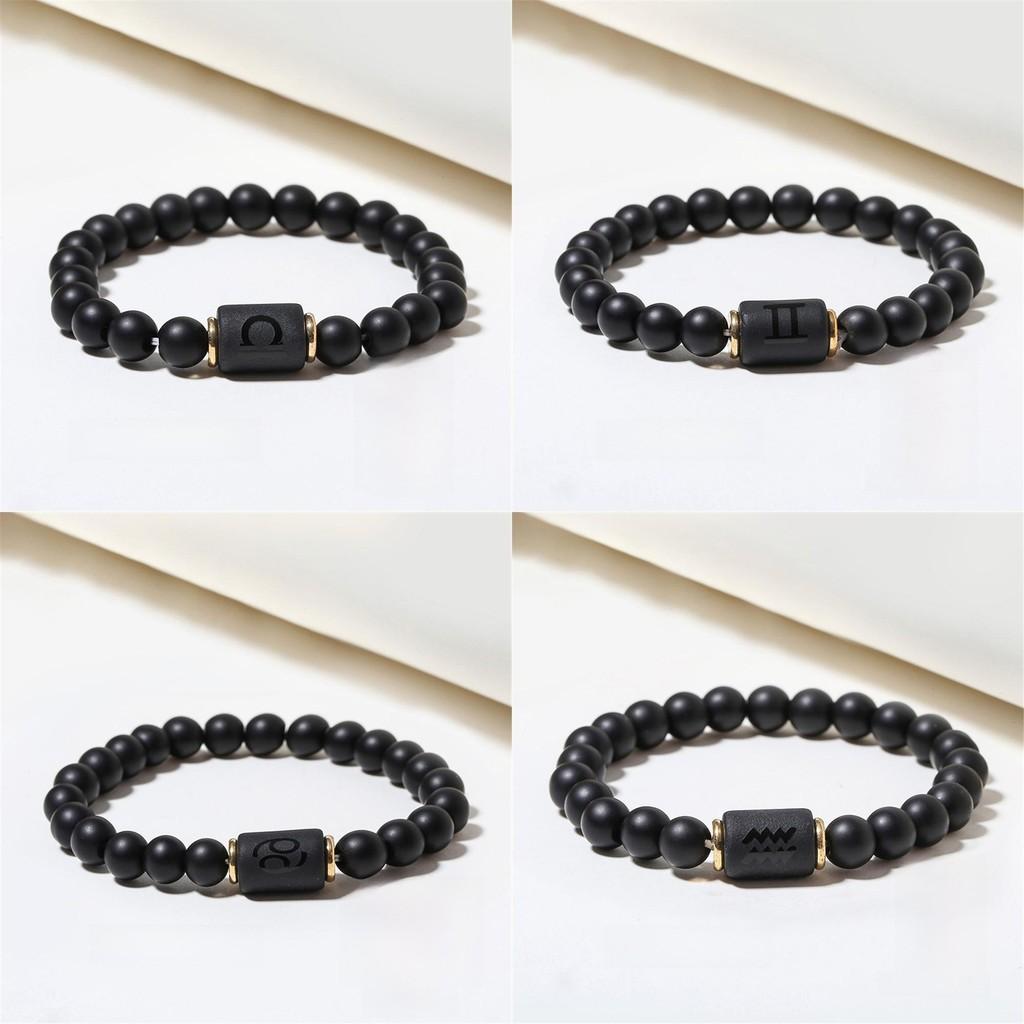 Twelve Constellations Beaded Elastic Bracelet For Men And Women With Black Matte Agate For Travel Gifts