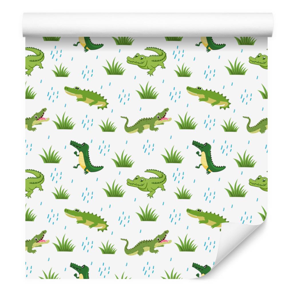 Crocodile wallpaper white, lime, light gray and green 50x1000