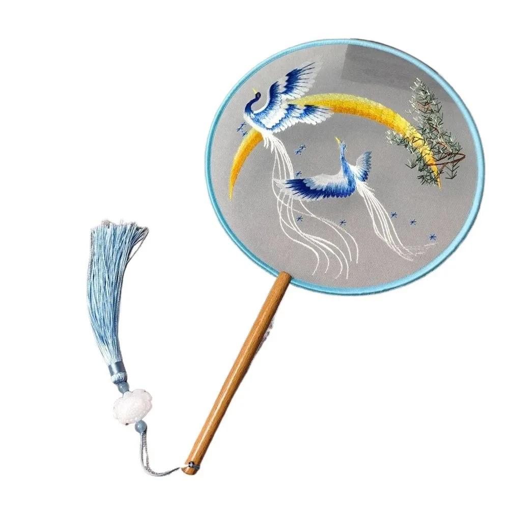 Round Double Sided Embroidery Fan Chinese Style Wooden Handle Embroidery Round Fan Tassels with Pendant Hanfu Hand Fan