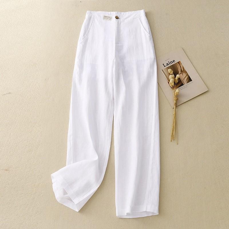 2025 spring new solid color high waist cotton and linen casual trousers women's fashion loose drape high waist straight pants