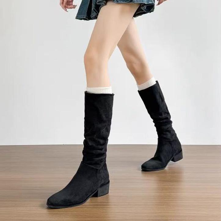 

Knight boots women s autumn and winter new thick heel tall tube retro thin pleated piled boots long boots 40 чорний