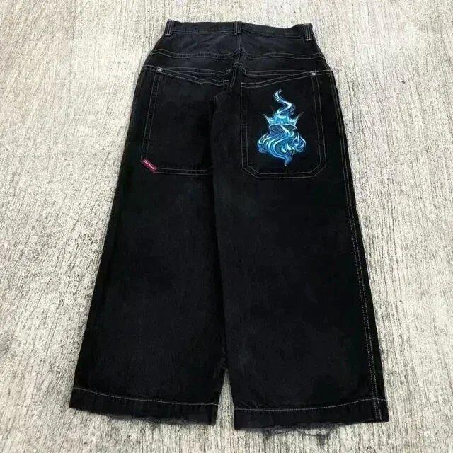 Streetwear Jeans Y2K Harajuku Hip-Hop Cartoon Bestickt Schwarz Locker Herren Weite Jeans