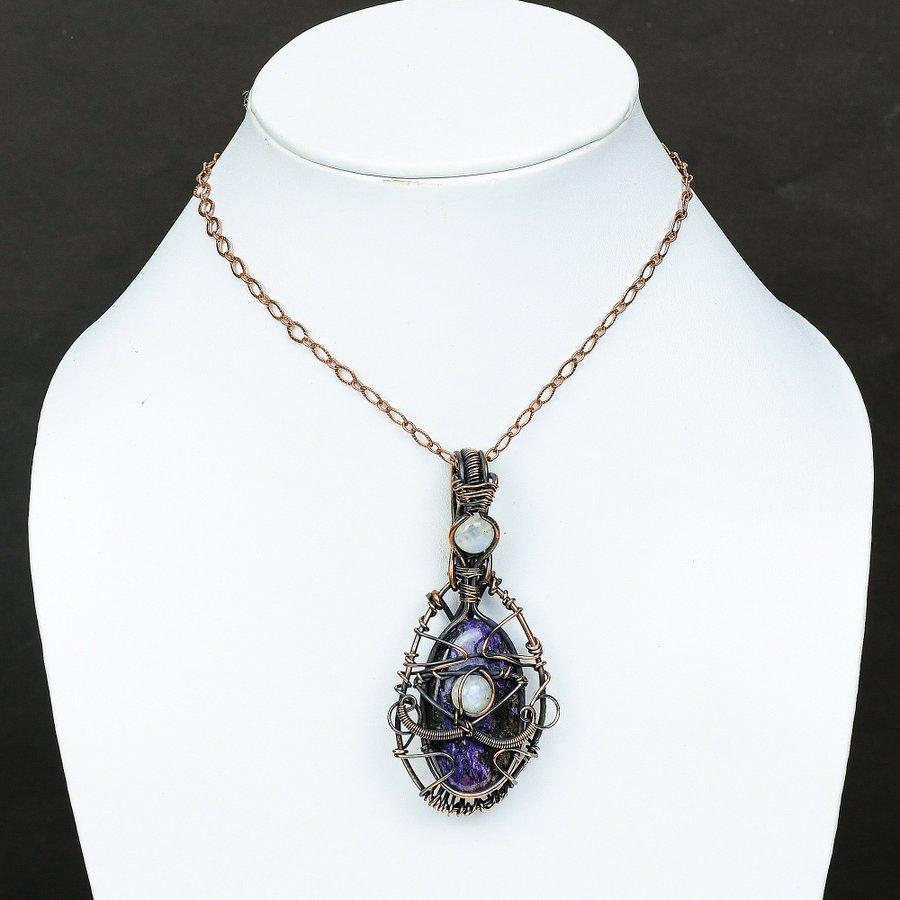 Russian Charoite, Moonstone Gemstone Copper Wire Wrap Jewelry Pendant 3.15"