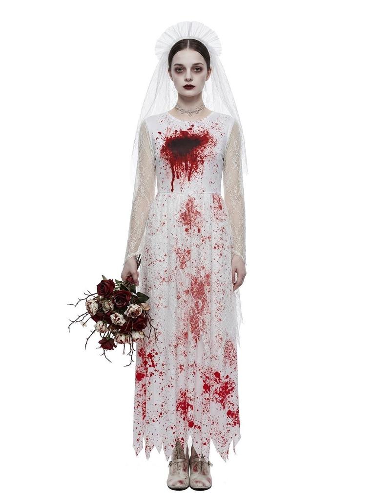 Halloween Ghost Bride Scary Bloody Zombie Wedding Dress Costume