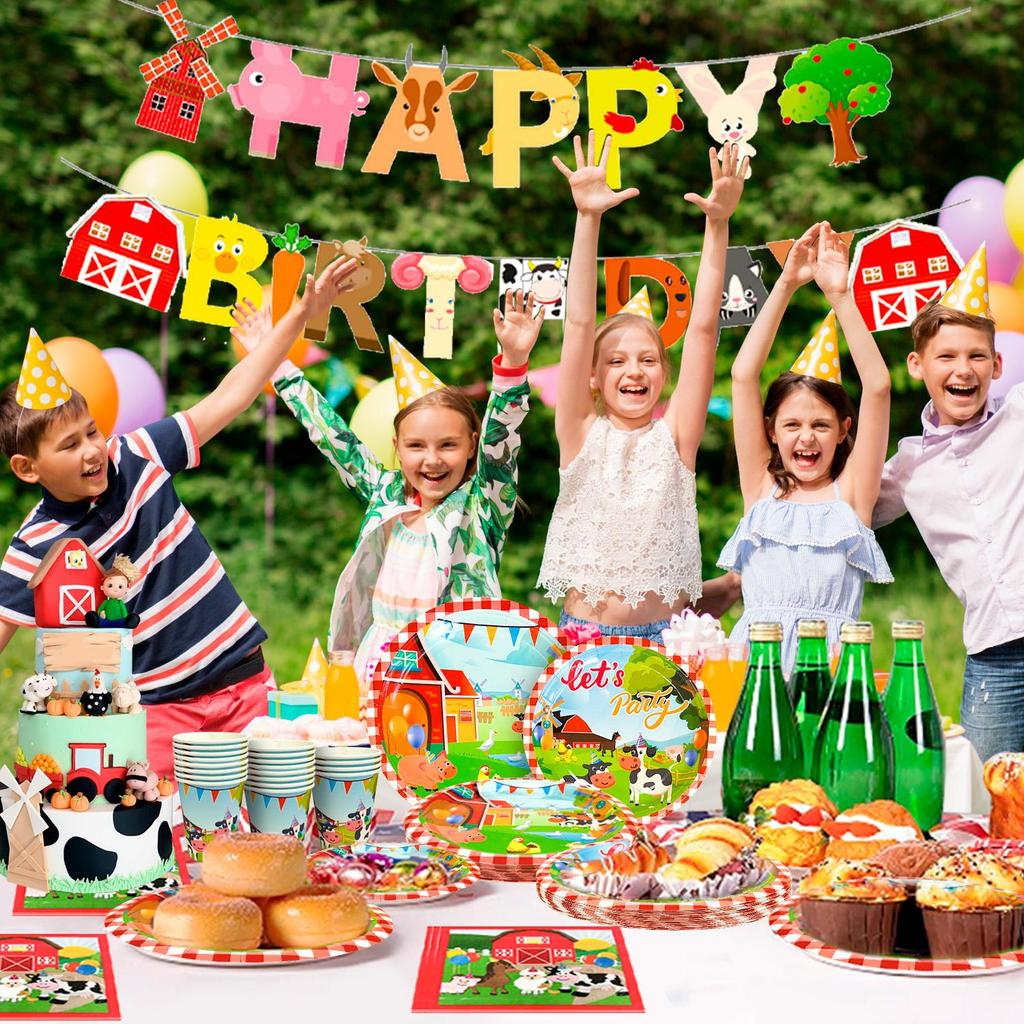 130 Stück Bauernhof Tiere Tischgeschirr für Kinder, Bauernhof Geburtstag Dekorationen Tischgeschirr Set - Bauernhof Party Teller Becher Servietten Tischdecke Banner etc.