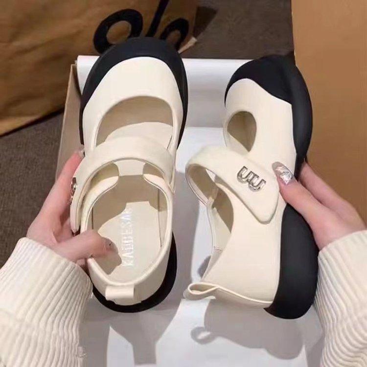 Thick-soled shallow-mouth single shoes women's 2025 spring and summer niche Velcro shoes, foreign-style round head soft-soled Mary Jane shoes