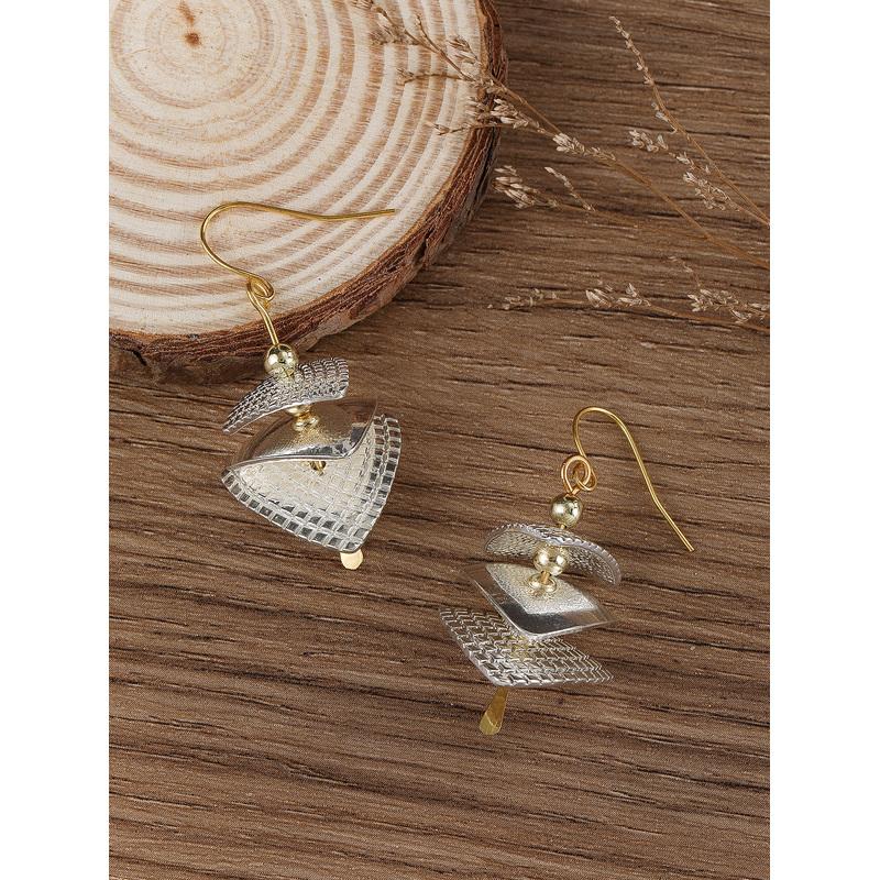 Able Ethnic Style Layered Square Long Pendant Earrings, Two Tone Women's Minimalist Jewelry
