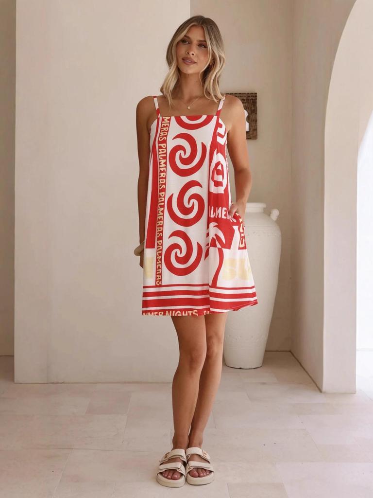 2025 Summer Seaside Vacation Linen Printed Camisole Dress