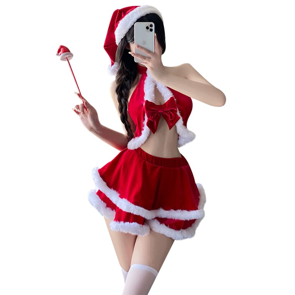 Christmas Costume Santa Sexy Erotic Lingerie Babydoll for Women Chest Opening Bow Tie Erotic Extreme Disguise Sleeveless Costume Outfit Cute Moe