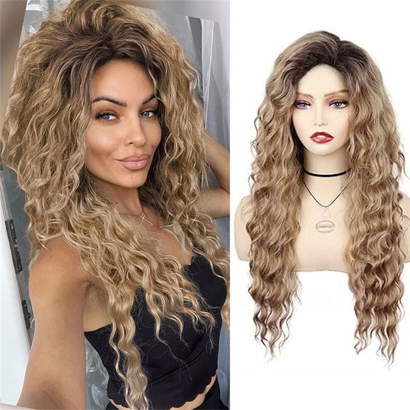 Long Curly Synthetic Wigs for Women Brown Ombre Wig Water Wave Hairstyle Natural Hair Sexy Female Wig Cosplay Halloween