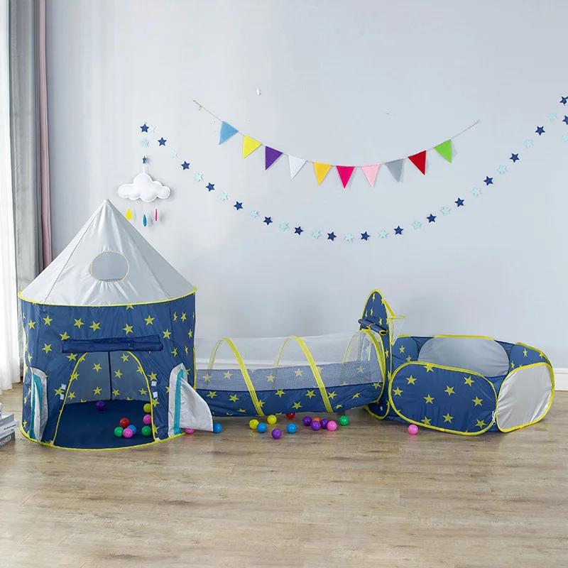 3 in 1 Portable Rocket Children's Tent Toys Camping Tent Kids Ball Pool for Children Play House Crawling Tunnel Pop-up Tent
