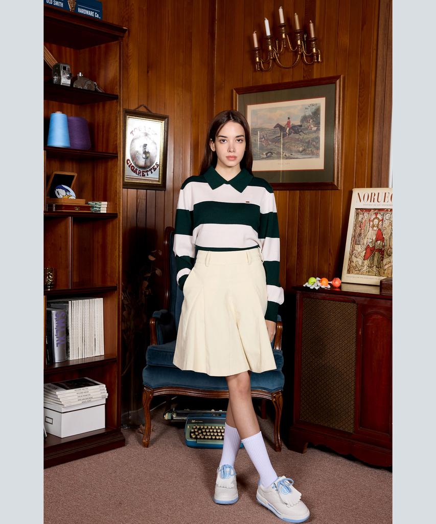Mondiag [Mondiac X E.Enough] Women'S Merino Wool Round Collar Knit (Green & White Stripe)