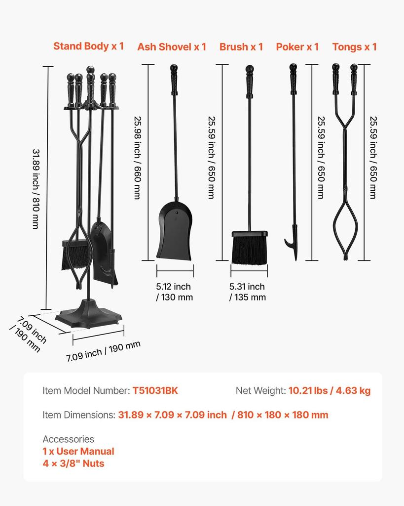 Kaminbesteck-Set, 5-teiliges Kaminwerkzeug-Set mit Halterung und Fünfzinkenständer, Zange, Schaufel, Bürste, Kamin-Schürhaken, Schmiedeeiserner Kamin