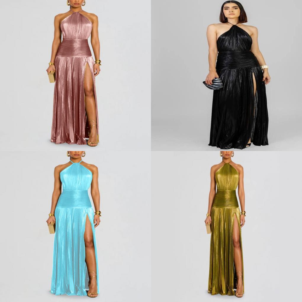 Metalic Sheen Elegant Sleeveless Backless Dress With Slit For Party And Evening Wear