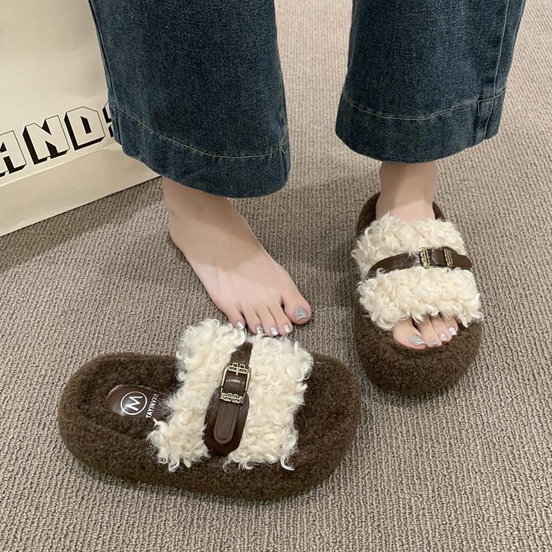 Retro Plush Design Fluffy Slippers Women's Outer Wear 2025 New Autumn and Winter Thick Bottom Heightening Belt Buckle Cotton Mop
