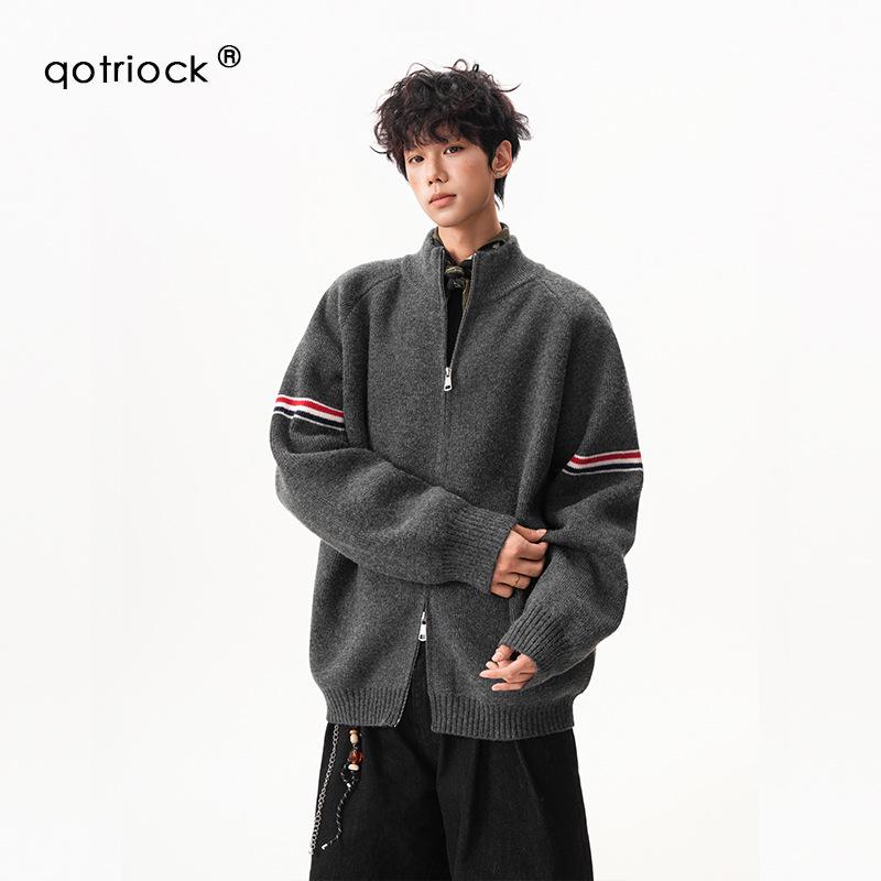 

Unisex Retro Color Block Stand Collar Cardigan Sweater – Double Zipper Knitwear for Autumn/Winter 2XL темно-сірий