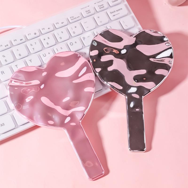 Portable Ins Liquid Shape Heart Mirror Handheld Desktop Cosmetic Mirror Makeup Mirror Travel Metallic High Definition Mirror