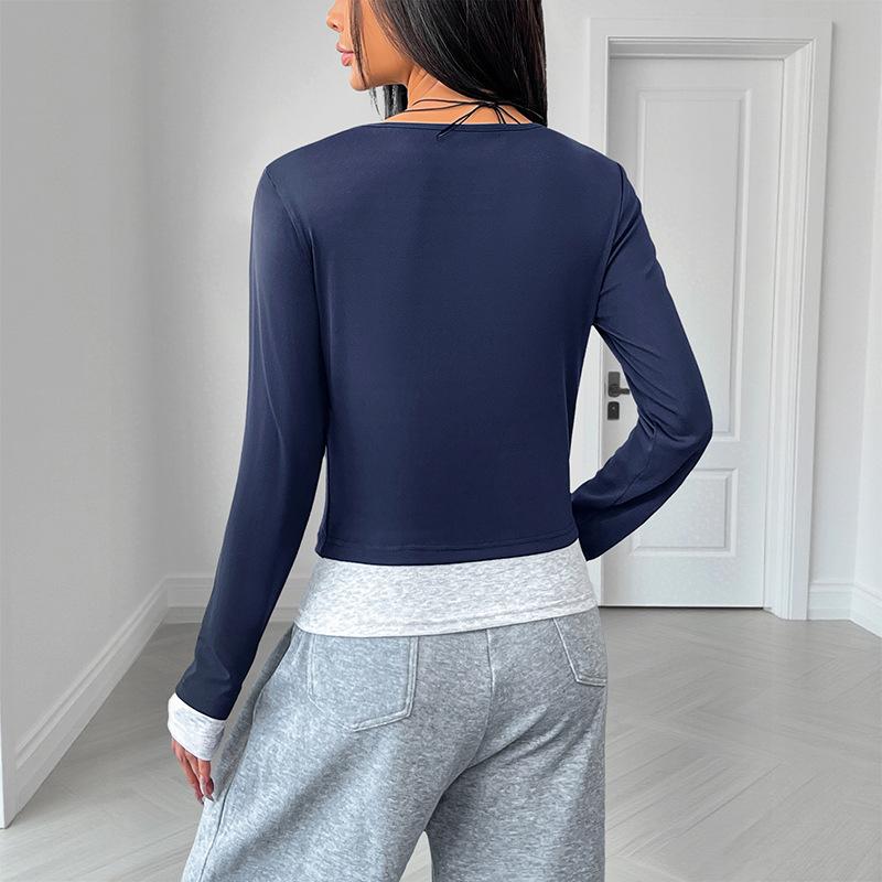 2025 Nové ležérní tričko s kulatým výstřihem, falešný dvoudílný top s dlouhým rukávem pro ženy