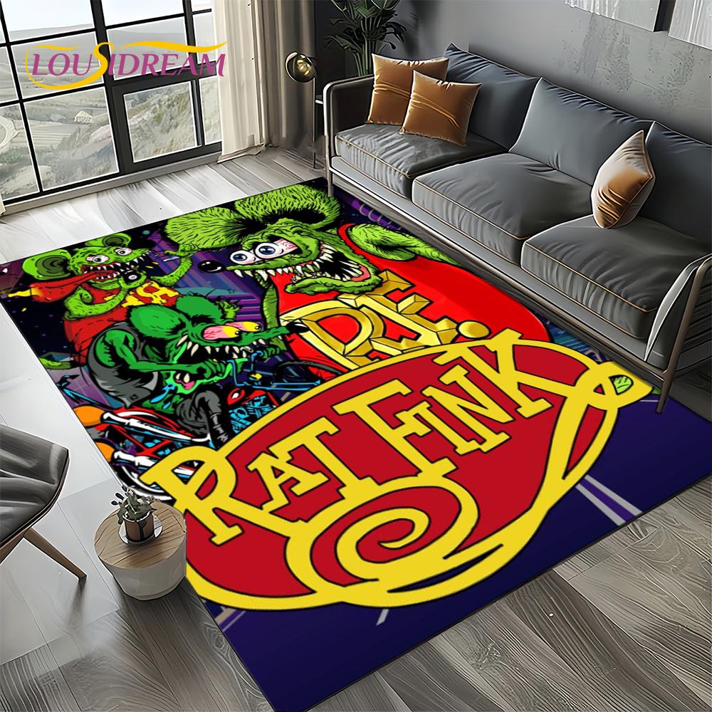 RF Funny Rat Fink Cartoon Motorcycle Sign Carpet Rug for Living Room Bedroom Home Sofa Decoration,Area Rug Non-slip Floor Mat