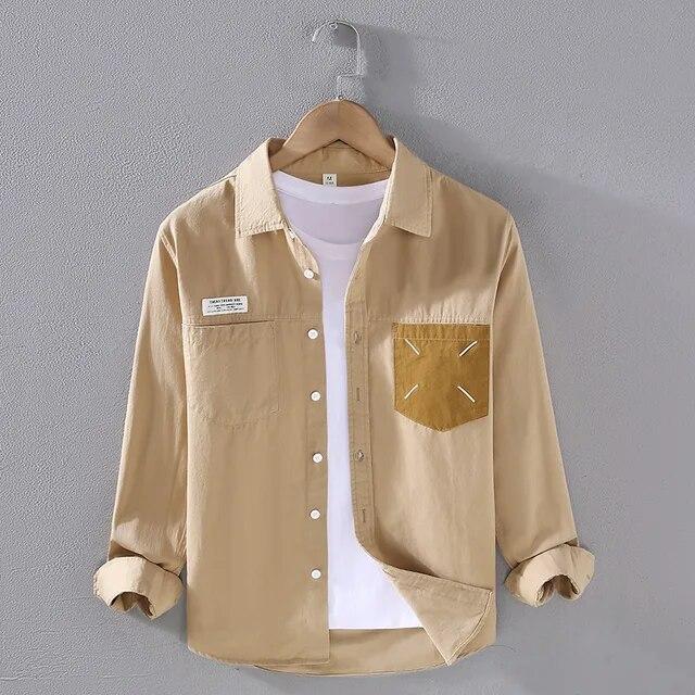 

Весенне-осеннее новое поступление, мужская рубашка, повседневная повседневная модная рубашка из чистого хлопка, рубашка с длинными рукавами и карманами, молодежные популярные топы 3XL XL хаки