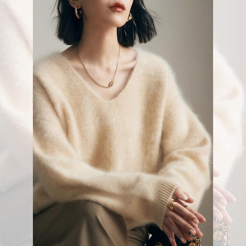 Toamnă Iarnă Gât în V Culoare Solidă Tricot Fund Femei Casual Modă Pulover Pulover Bluză Blană de Nurcă Faux