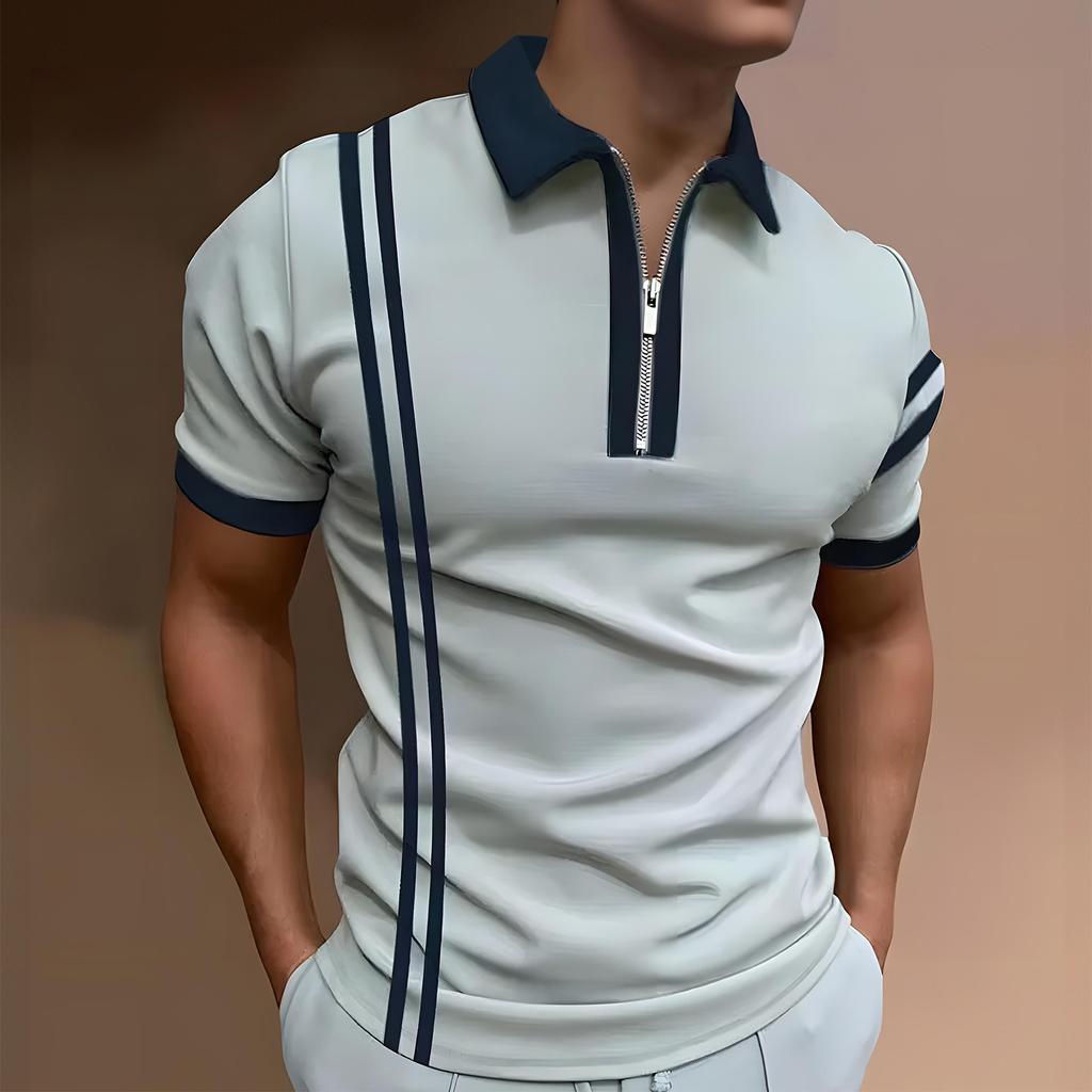Men's Casual Striped Zipper-Collar Short-Sleeve Shirt