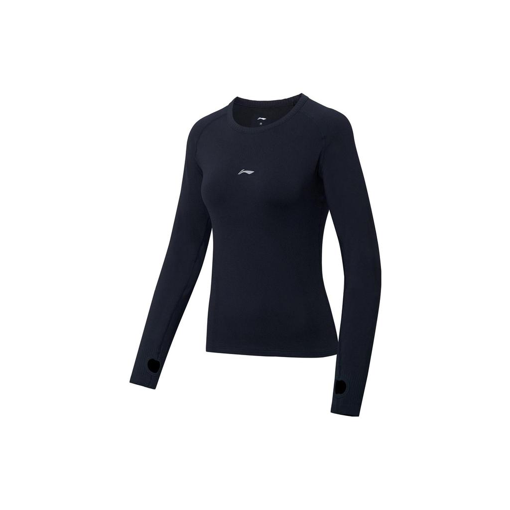Li Ning Running Series Solid Color Logo Print Round Neck Long Sleeve T-Shirt Women Tops Black ATLS078-1