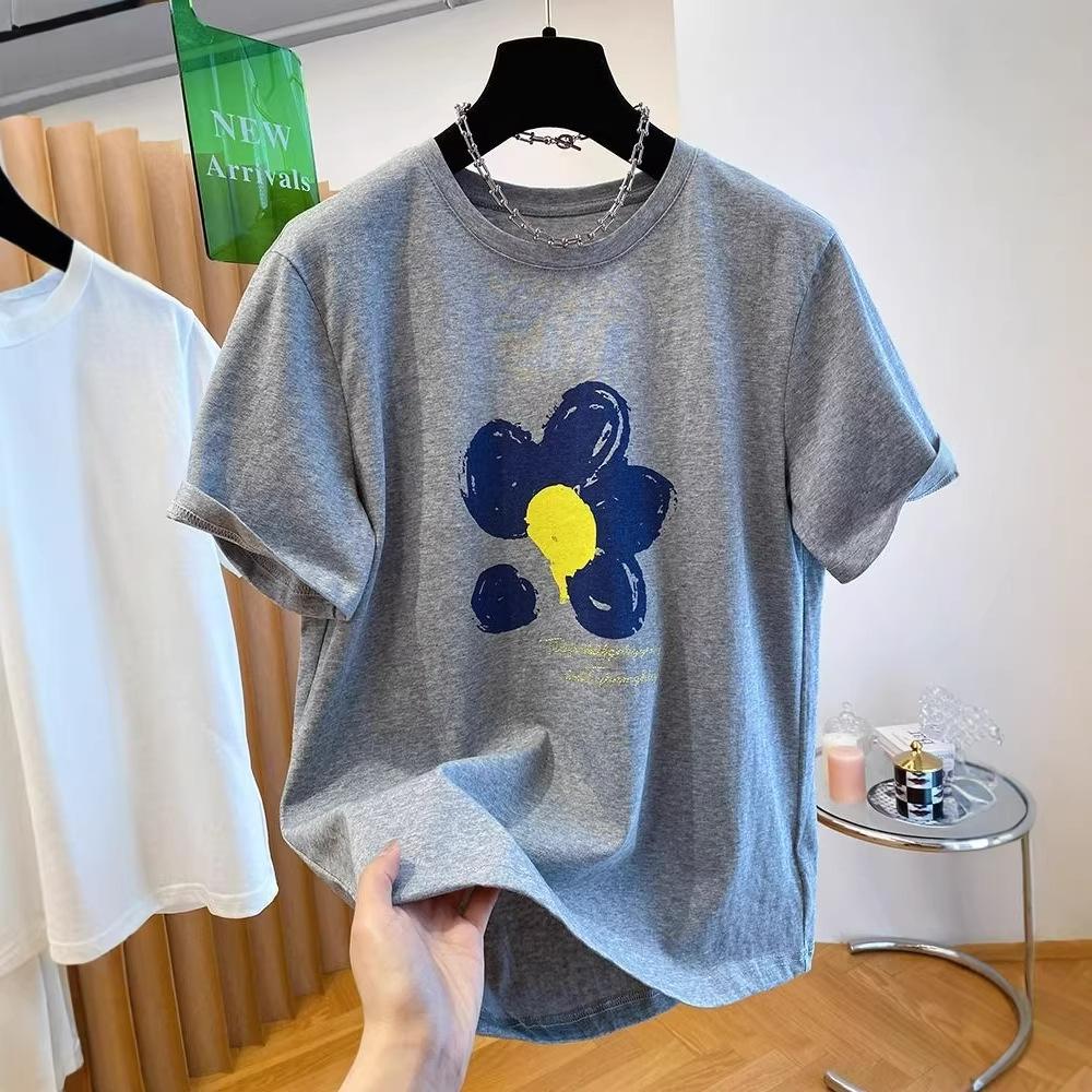 

Женская свободная хлопковая футболка с круглым вырезом и ретро-цветочным принтом в корейском стиле 2XL серый