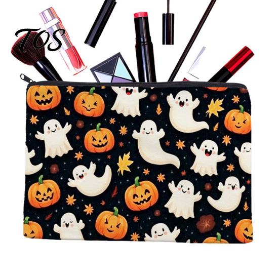 Durable Data Cable Organizer Cosmetic Bag, Halloween Pattern Print Makeup Canvas Student Stationery Pencil Pouch Zipper Pouch, for Change Storage Cute