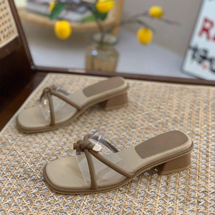French Thick Heel One-word Female Summer Wear 2025 New Versatile Fairy Style Square Head with Skirt Medium Heel Cool Slippers