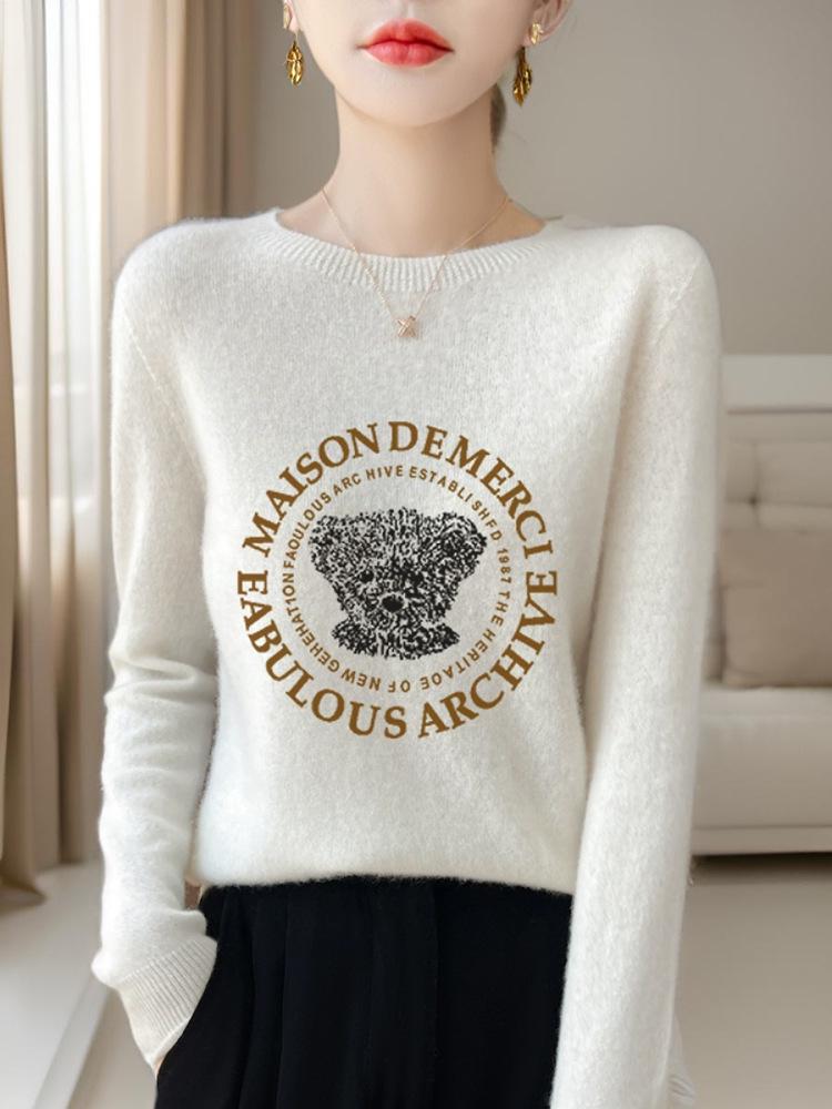 Fresh Korean Style Women's Andy Fleece Printed Sweater - Round Neck, Long Sleeve, Autumn Knit Base Layer