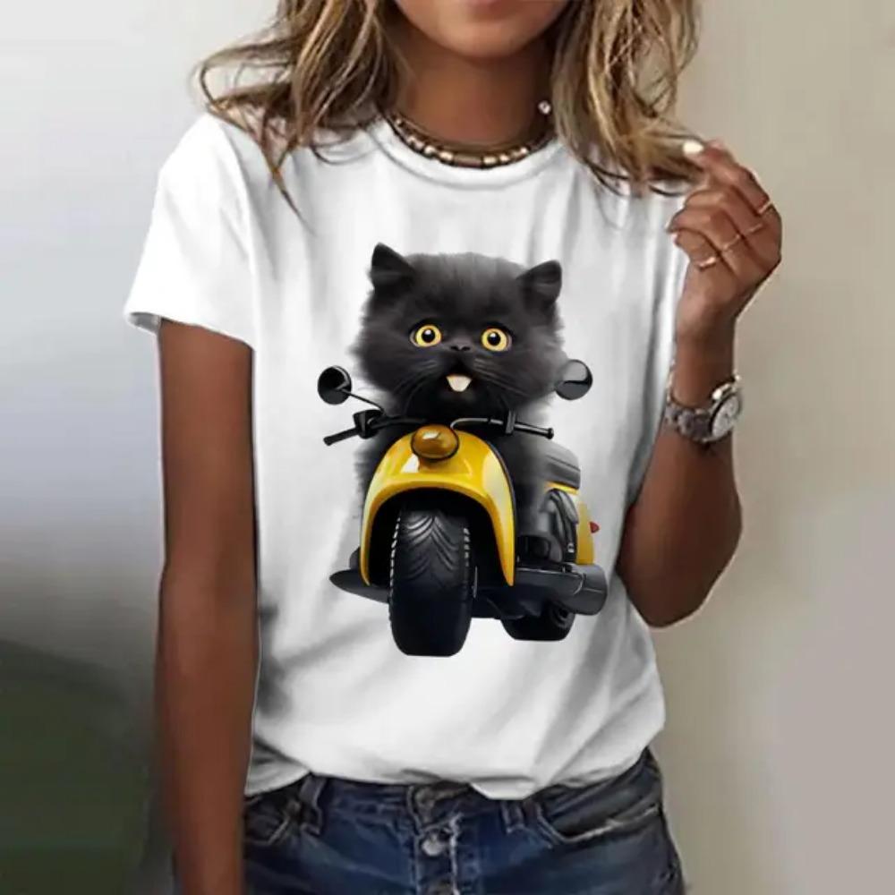 Summer fashion cat 3D printed T-shirt for women's casual round neck