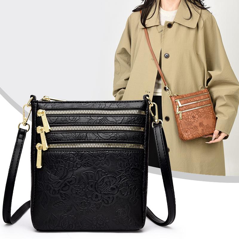 Stylish Embossed Floral Crossbody Bag for Women – Multi-Zipper Mini Shoulder Bag with Elegant Design