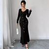 Women's Long-sleeved V-neck Black Row of Buttons Slim Fishtail Dresses