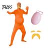 Skin Friendly Party Outfit Orange Full Bodysuit for Kids Adults, with Belly, Yellow Mustache & Eyebrows, Halloween Jumpsuits Men Women Open