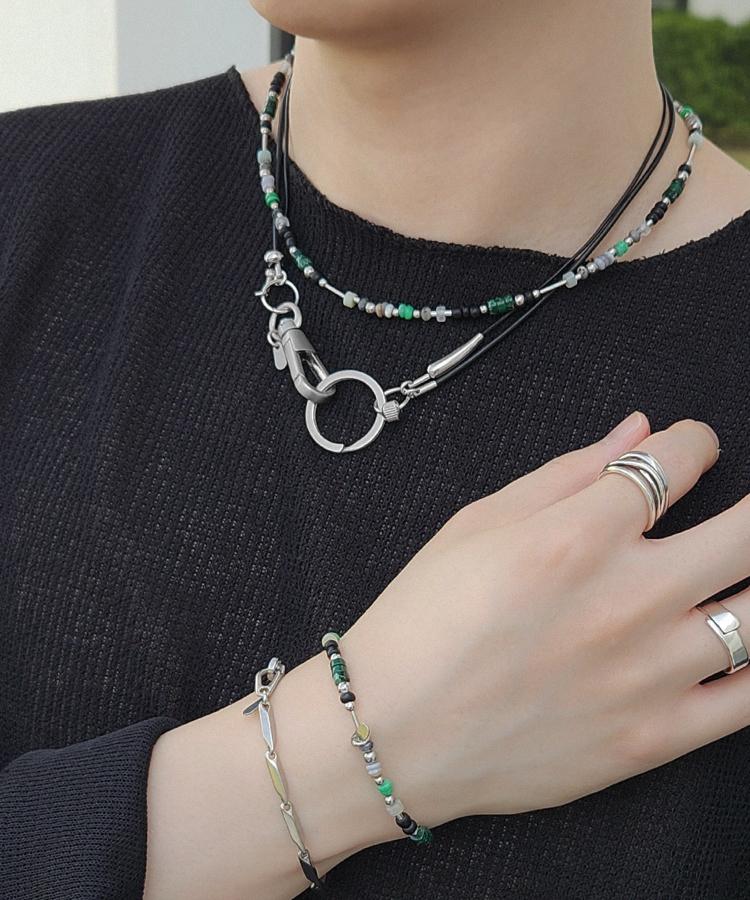 Acha Real Leather Link Circle Layered Necklace _ Black