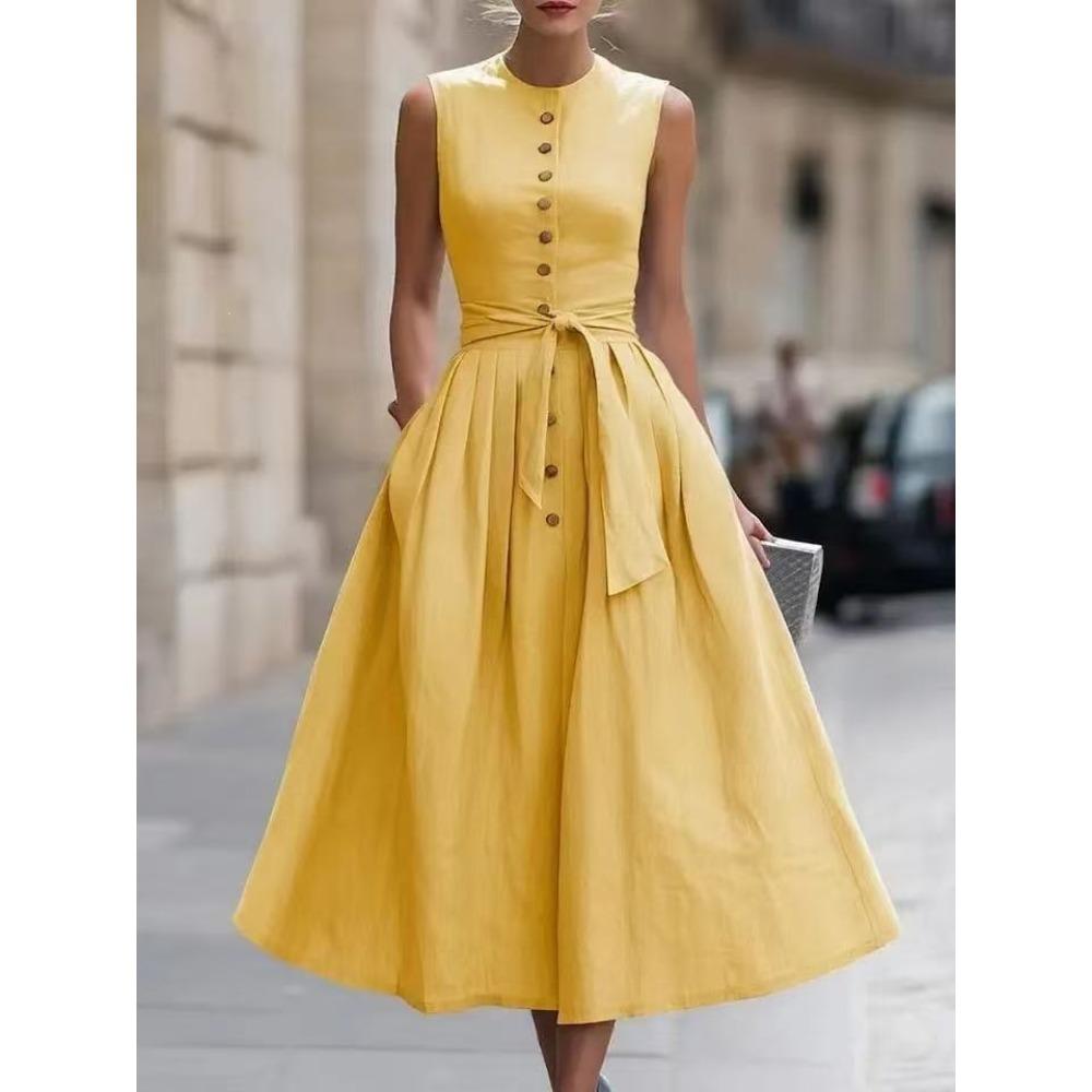Women's Crew Neck Sleeveless Midi Dress Slim Fit Mid Waist Elegant Linen Blend Solid Color Button Front Tie Belt A-Line Dress