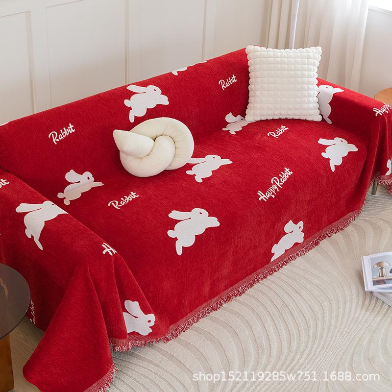 Red Festive Simple Chenille Sofa Cover Cartoon Cute Rabbit Non-slip Universal Full Cover Sofa Cover