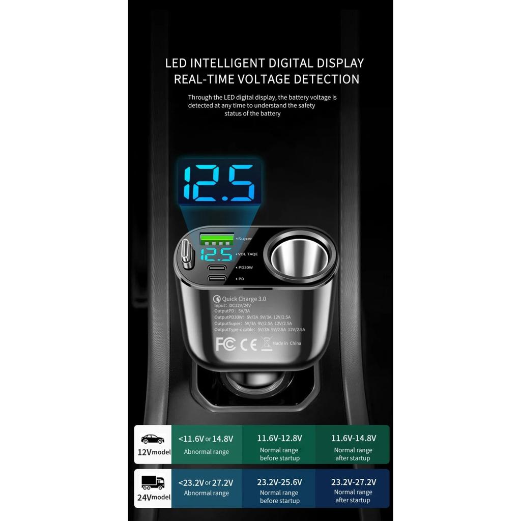 5 In 1 PD 30W Super Fast Charging Socket Car Charger 4 Ports USB Type C Fast Charging for IPhone 16 15 Xiaomi Samsung