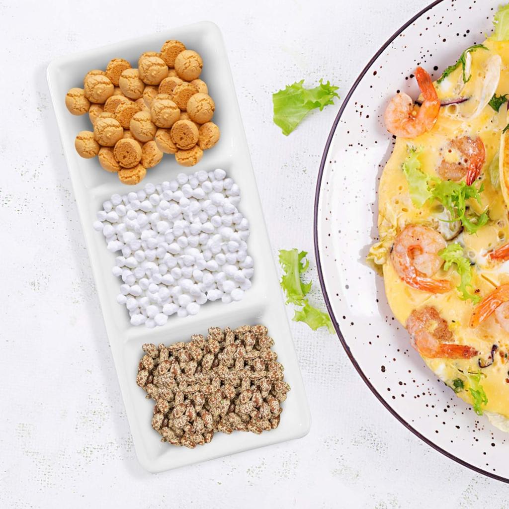 DOITOOL 2Pcs Ceramic Serving Platters, 3 Compartment Appetizer Serving Trays Snack Dishes, White Rectangular Divided Sauce Dishes for Home Restaurant
