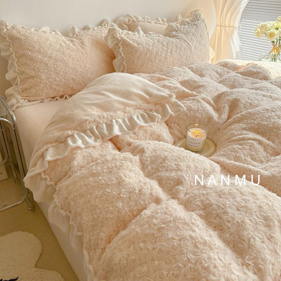 Cream Rose | Fairy Lace Thickened Milk Fleece Four-Piece Winter Rex Rabbit Fleece Fleece 1.8 Sheet