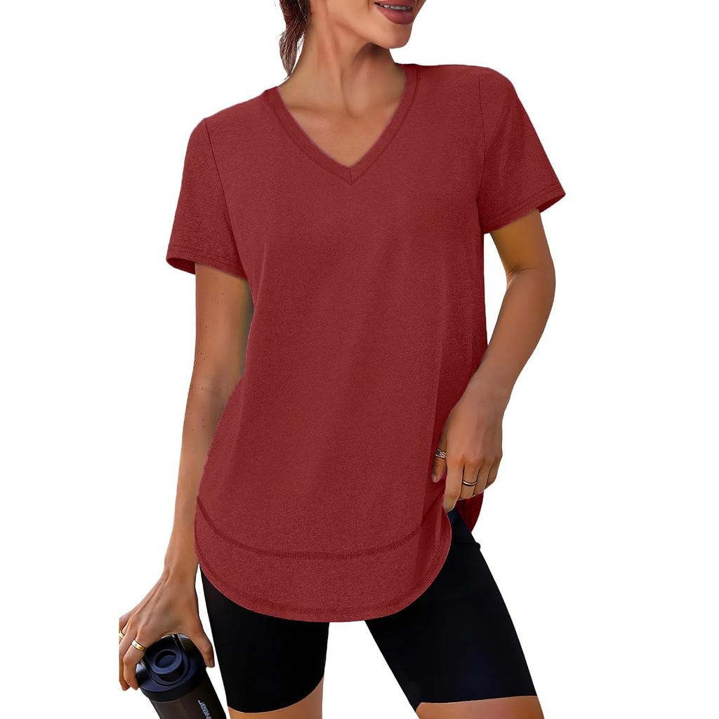 Women's Casual Loose-Fit Fashionable -Color Short-Sleeve V-Neck Pullover T-Shirt
