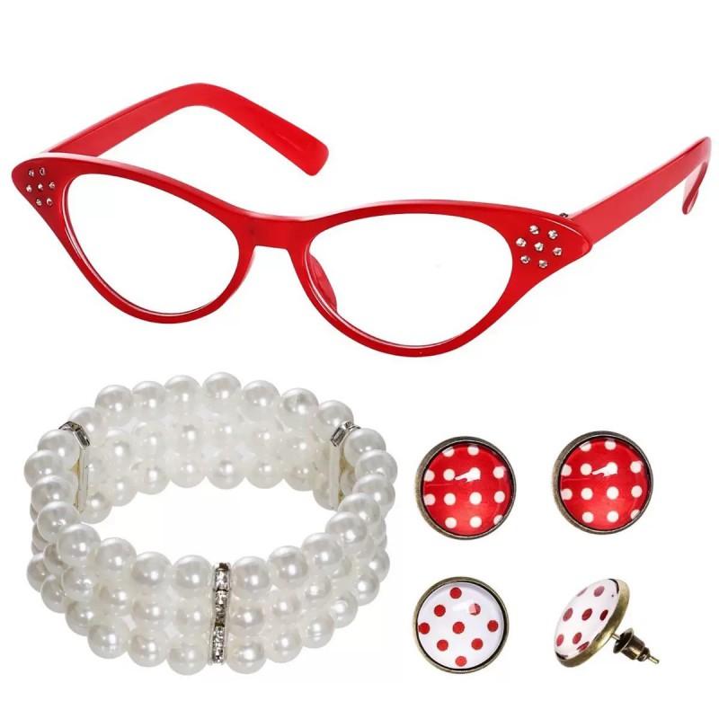Festival Party Cosplay Set 1950s Retro Polka Dot Earrings Headband Glasses Costume