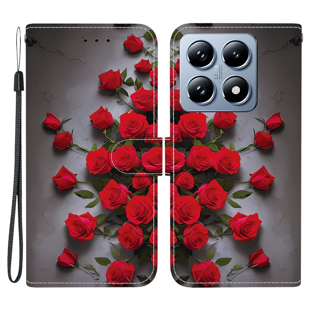 For Xiaomi 14T Pro Leather Case Stand Wallet Pattern Printing Phone Cover with Wrist Strap