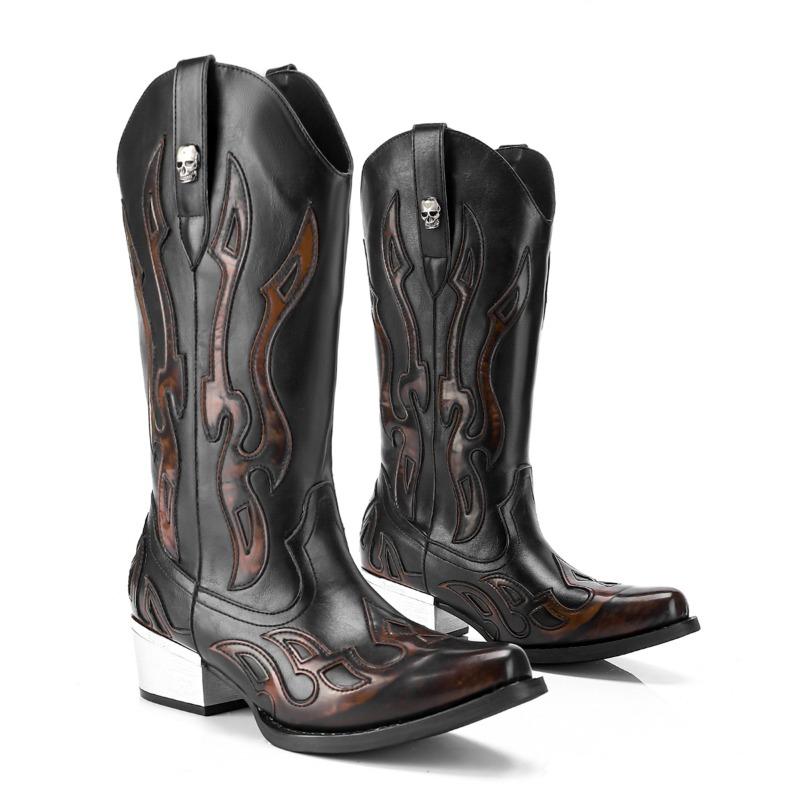 Men's Women's Fad Retro Leather Boot Thick Heel Western Denim Boot Punk Side Zipper Couple Mid-tube Waterproof Boots Botas Mujer