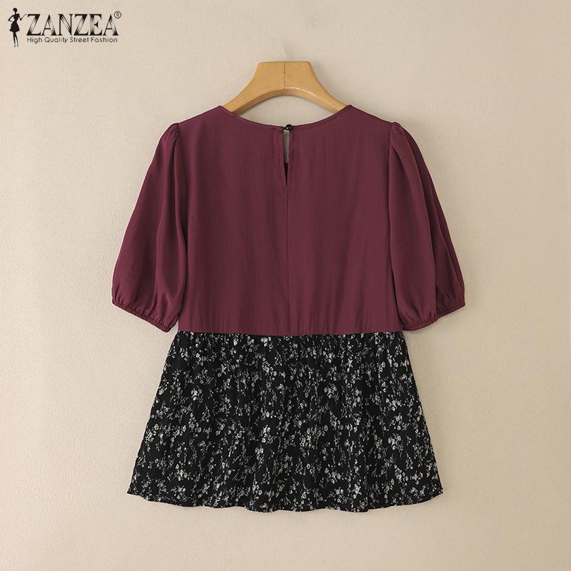 ZANZEA Women Casual Floral Print Patchwork Summer Short Sleeve Blouse