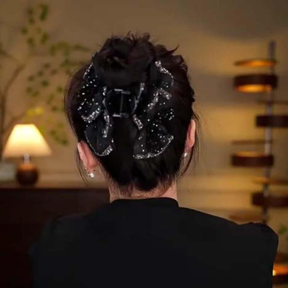 Elegante Schwarze Schleife Haiklammer Perlen Damen Pailletten Haarspangen Glänzende Strass Haar kralle Party